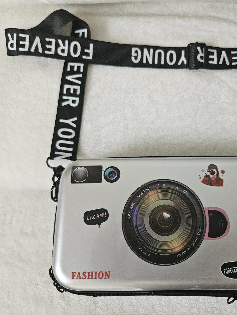 Rainbow Silver Camera Print Crossbody Bag with Black 'FOREVER YOUNG' Strap